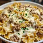 Creamy Garlic Beef Bowties with Parmesan Alfredo Sauce