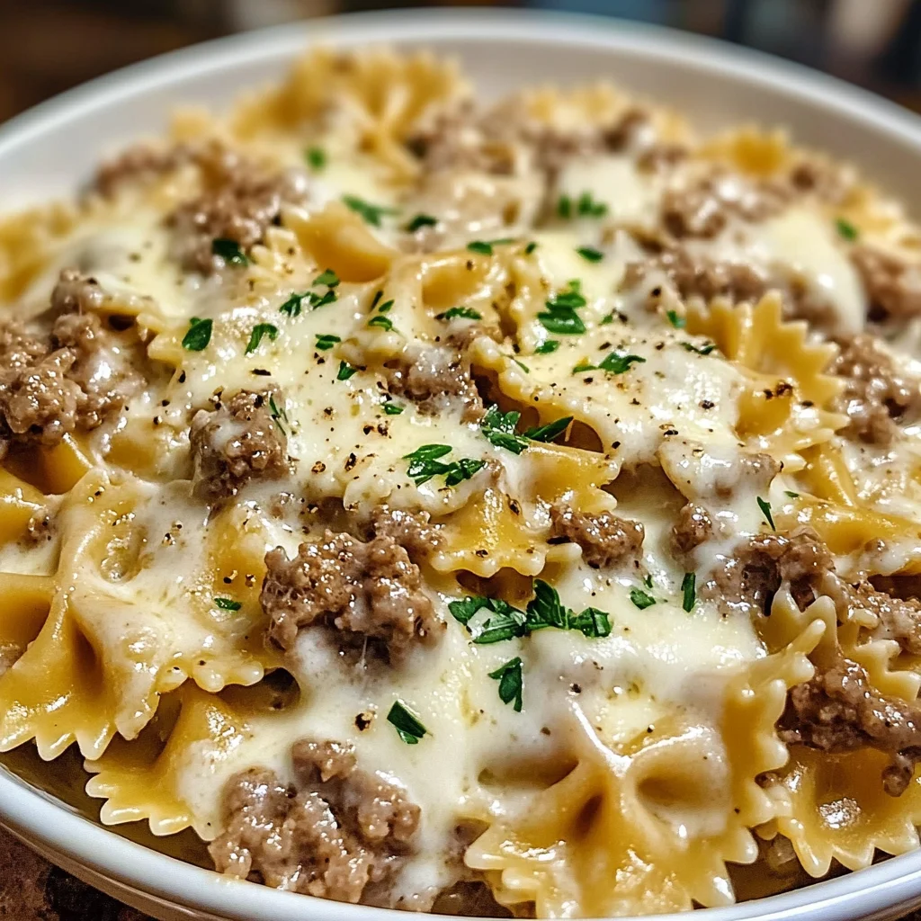 Creamy Garlic Beef Bowties with Parmesan Alfredo Sauce