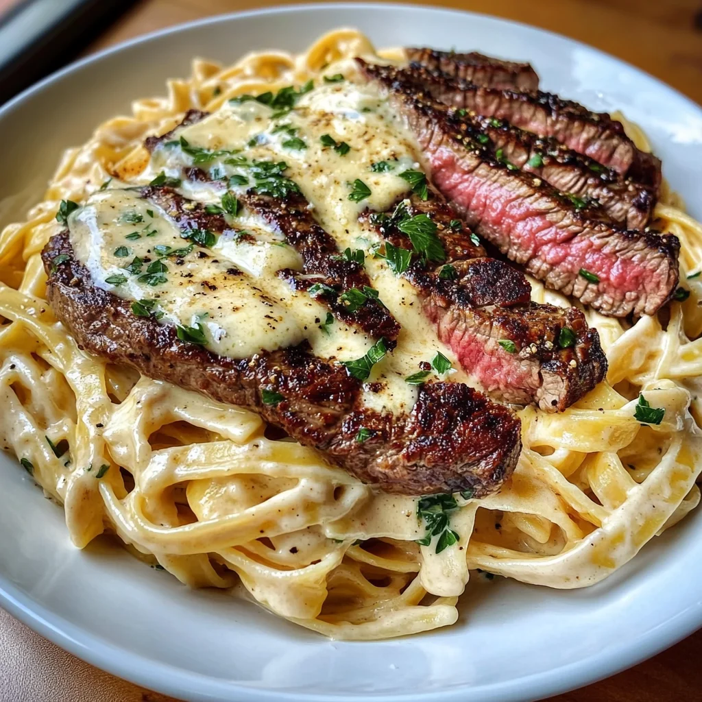 Garlic Butter Steak and Creamy Provolone Fettuccine