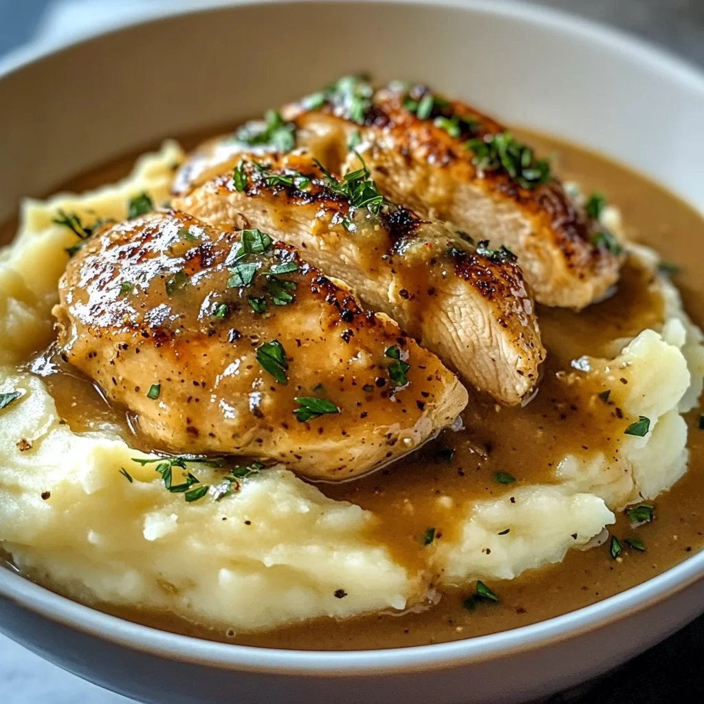 Chicken and Garlic Gravy with Cheesy Mashed Potatoes