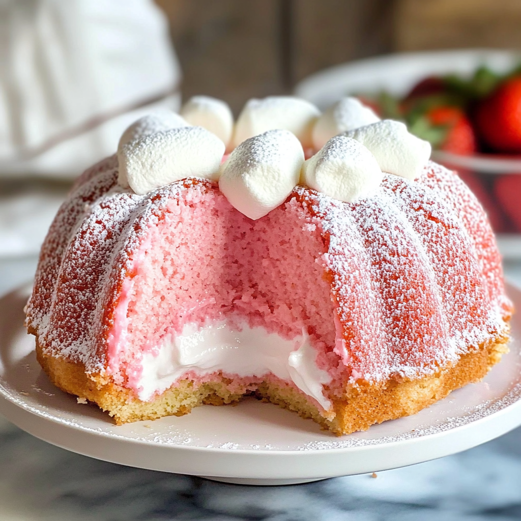Strawberry Marshmallow Cake (Strawberry Bundt Cake with Marshmallow Cream Filling)