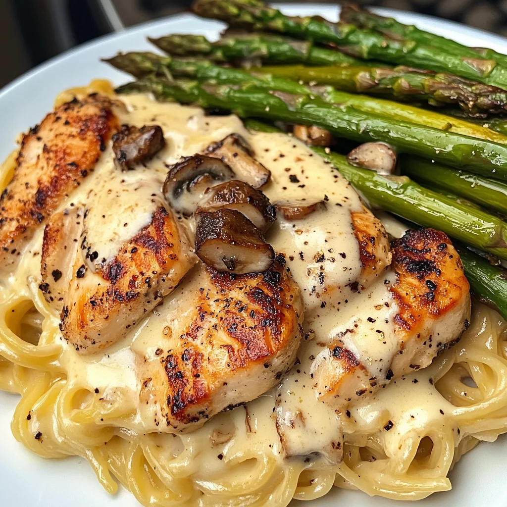 Four-Cheese Garlic Chicken Alfredo with Asparagus