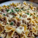 Savory Beef And Bowtie Pasta In Alfredo Sauce