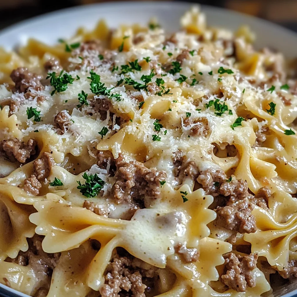 Savory Beef And Bowtie Pasta In Alfredo Sauce